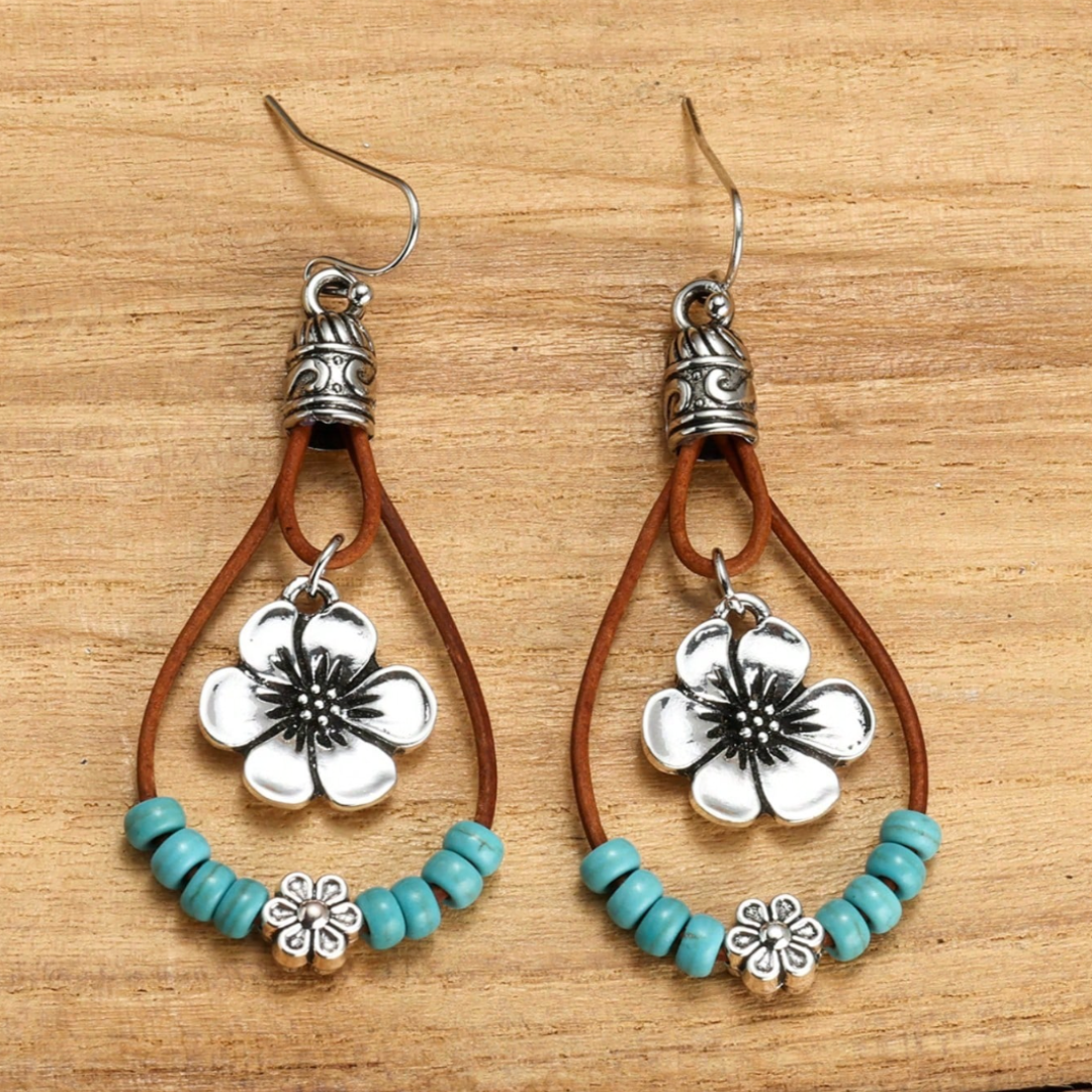 Boho Silver Flower Turquoise Earrings