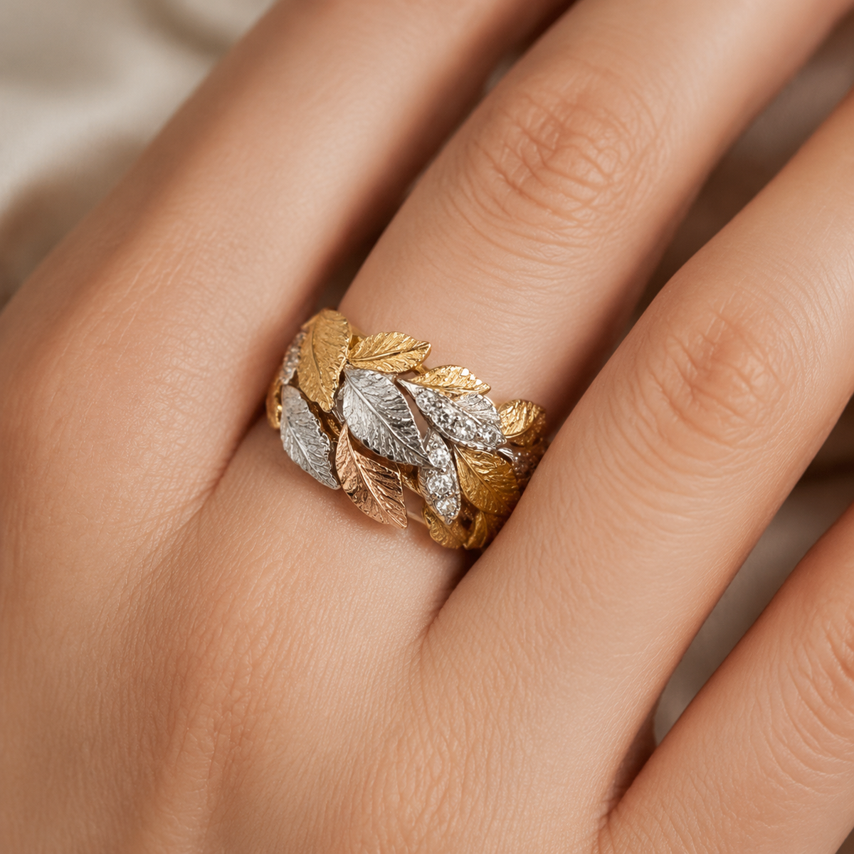 Unique Zirconia Leaf Gold Ring