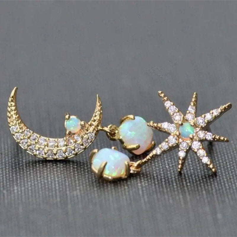 Gold Opal Moon Earrings