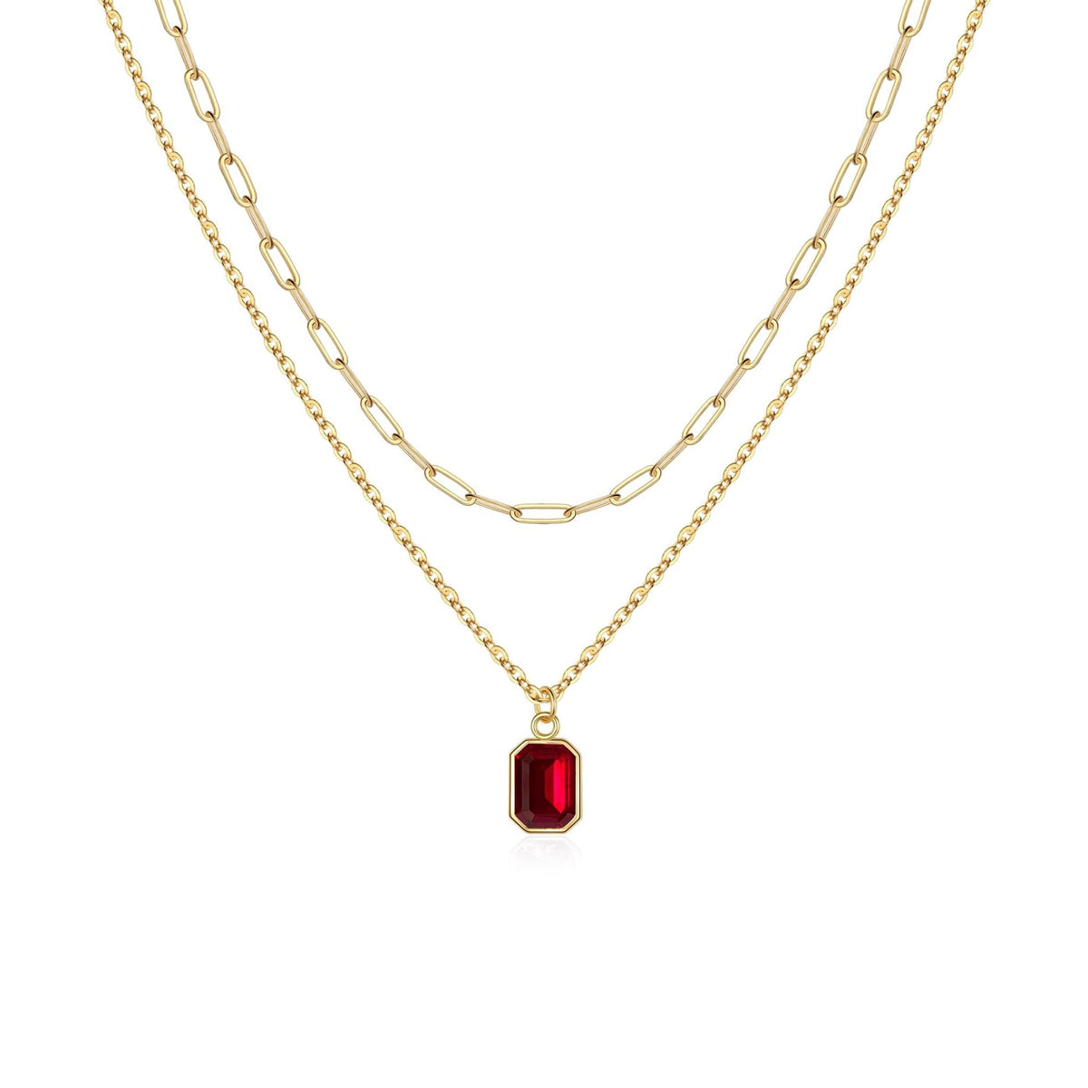 Paperclip Layered Ruby Gold Necklace