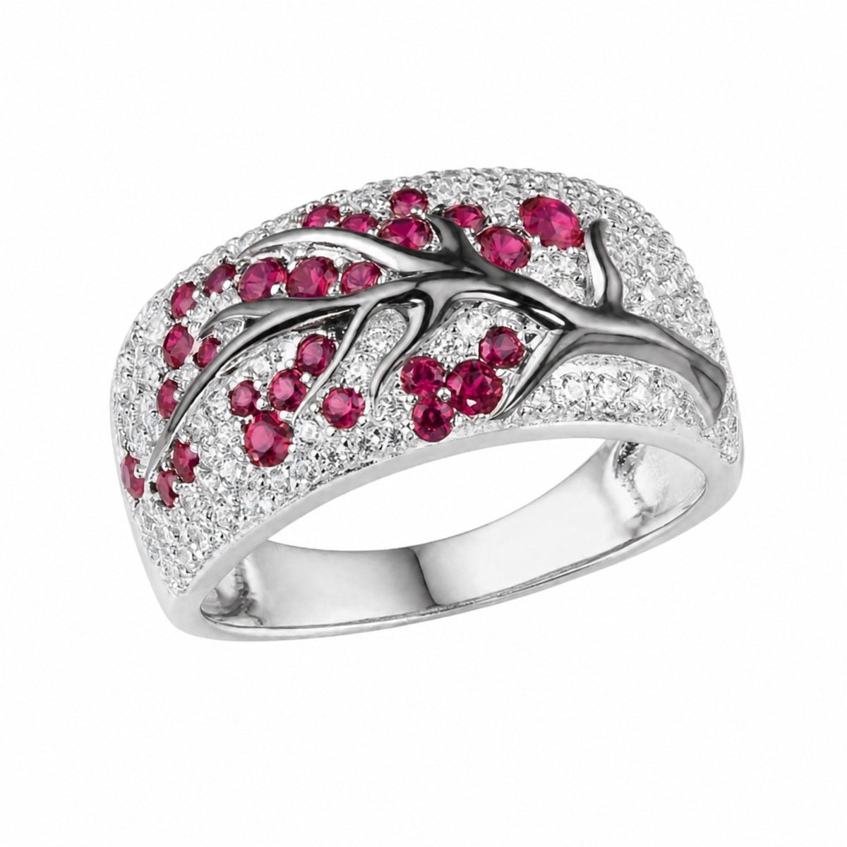 Ruby Blossom Tree White Gold Ring